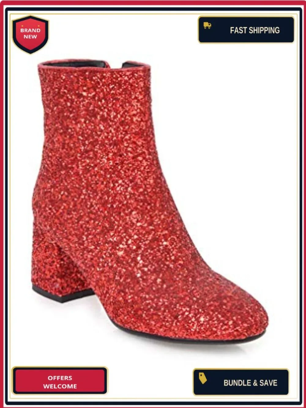 Women's Mid Block Heel Glitter Ankle Boots Side Zip Party Prom Booties